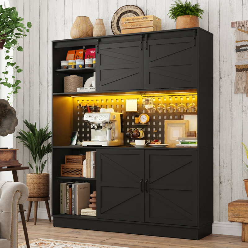 63'' W Farmhouse Kitchen Pantry Storage Cabinet With Power Outlet, Kitchen Hutch Cabinet, Large Coffee Bar Cupboard With Wine Rack, 4 Doors & 2 Drawers For Dining Room