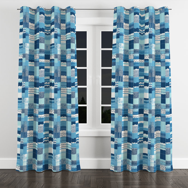 Coastal Curtain panels - Patchwork Ocean Quilt Grommet Curtain - 1 Panel, 52" W x 108" L, Silver Grommets