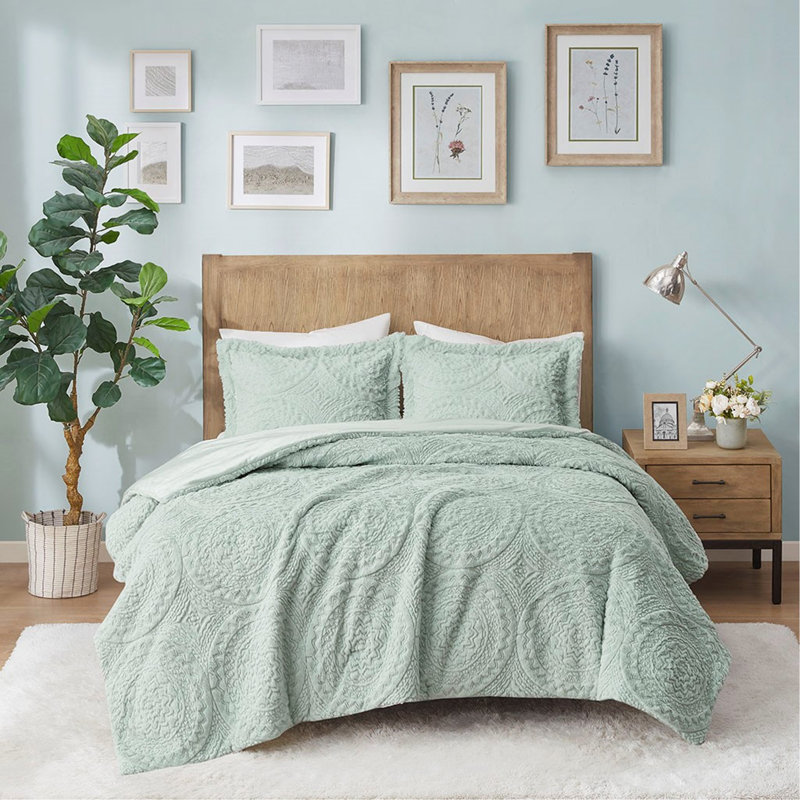Full/Queen Embroidered Medallion Faux Fur Plush Comforter Mini Set, Hypoallergenic And Elegant Design