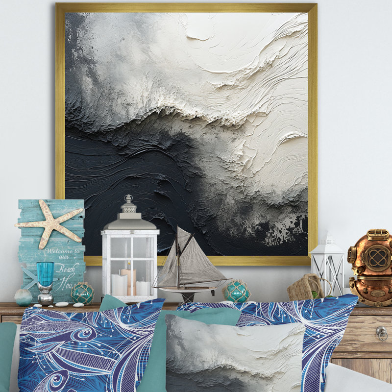 Minimalisme, peinture noire et blanche, vague I - art mural encadré bord de mer, Cadre doré simple