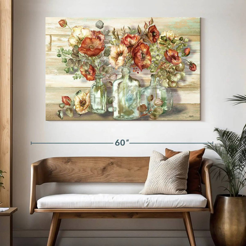 Harnek, coquelicots et eucalyptus en bouteille, H 34 po x l 51 po