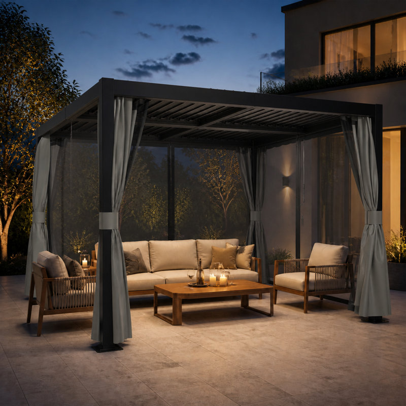 Pergola à auvent noir avec rideaux d'intimité et moustiquaire FLISE 10 pi x 12 pi, 10 pi x 12 pi, Black
