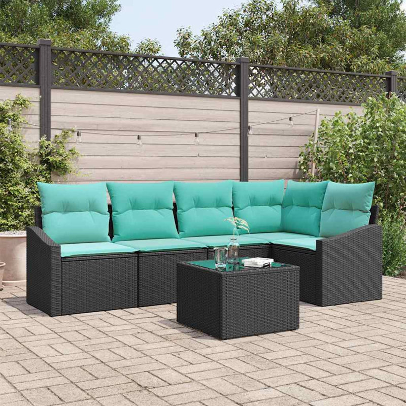 Ensemble de canapé de jardin vidaXL 6 pièces en rotin de polyester noir et turquoise