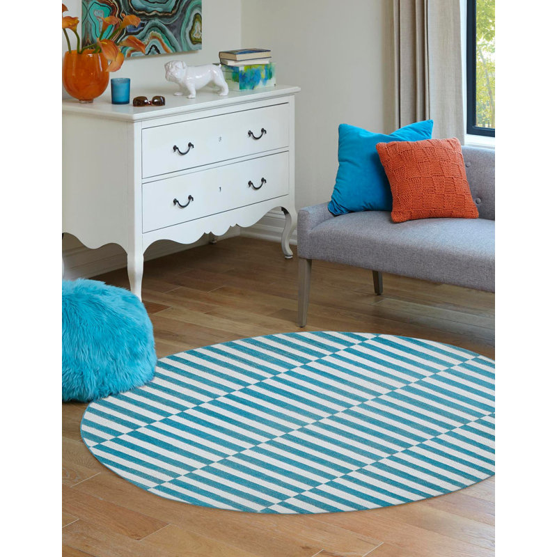 Tapis sarcelle / crème Arzilla, Rond 3 pi 7 po
