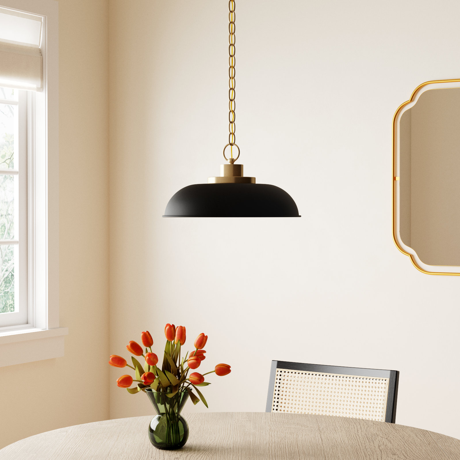 Eddy 1 - Light Single Dome Pendant, 8" H x 15" W x 15" D, Matte Black/Burnished Brass