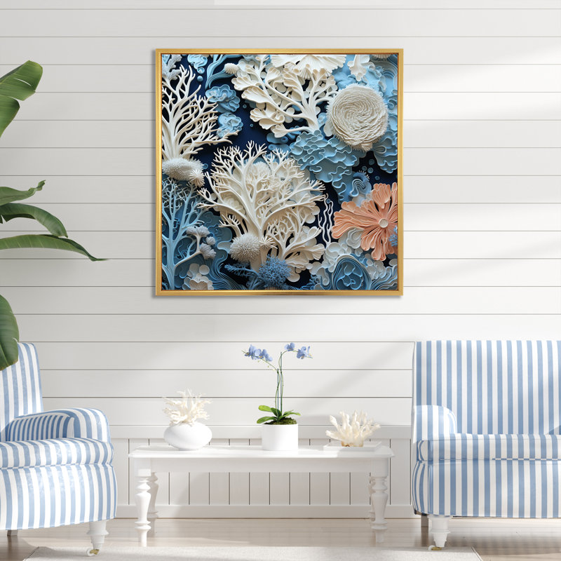 Under Water Blue and White Corals Collage I - Coastal, reproduction sur toile encadrée, H 30 po x l 30 po x P 1 po