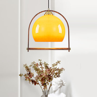 Mid Century Modern Pendant Light with Gradient Amber Glass Shade, Adjustable Height Kitchen Island Lighting with Water Transfer Beech Wood Grain Metal Frame