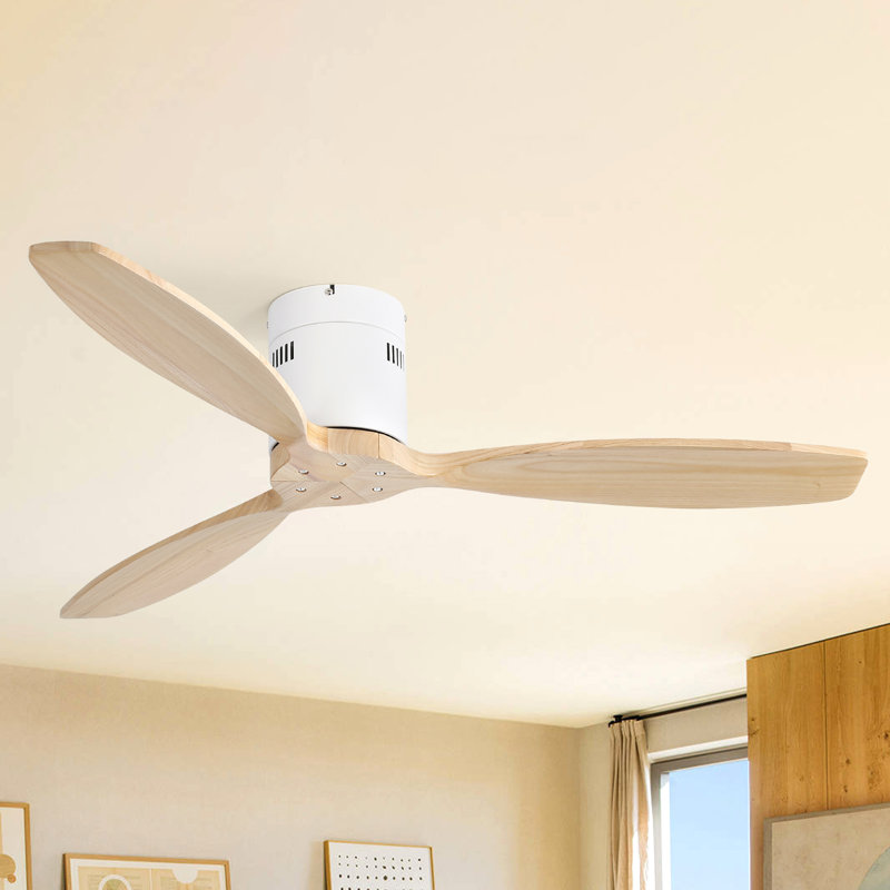 Rachel 52" 3-Solid Blade Propeller Flush Mount Ceiling Fan Without Light, Light Yellow Wood