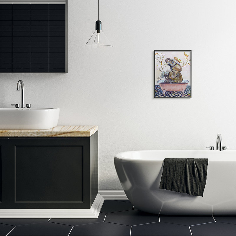 " Regal Safari Elephant With Pink Bath Tub ", Midnight Black Framed Giclee, 20" H x 16" W x 1.5" D