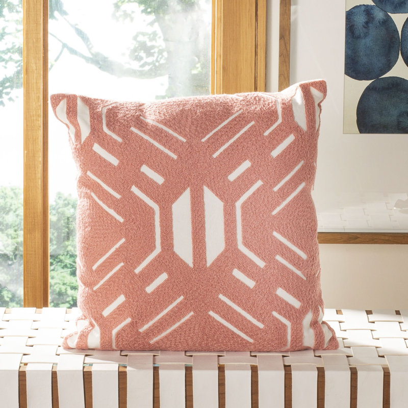 Blush and White Geometric Embroidered Cotton Pillow