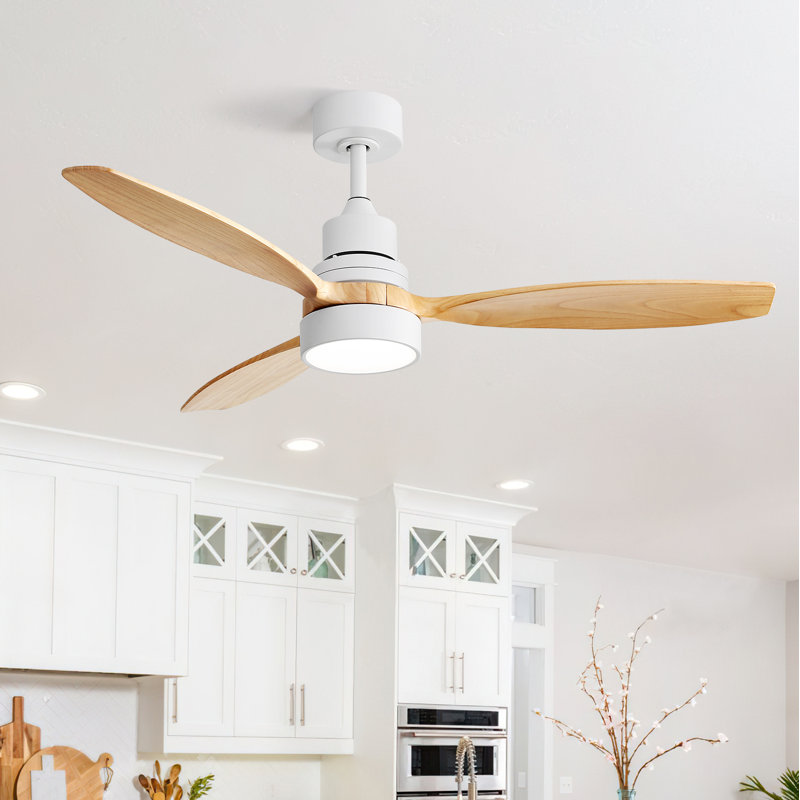 Kemp 52" 3-Solid Wood Blade Propeller Modern Ceiling Fan With LED Lights, Remote, White with Solid Blades
