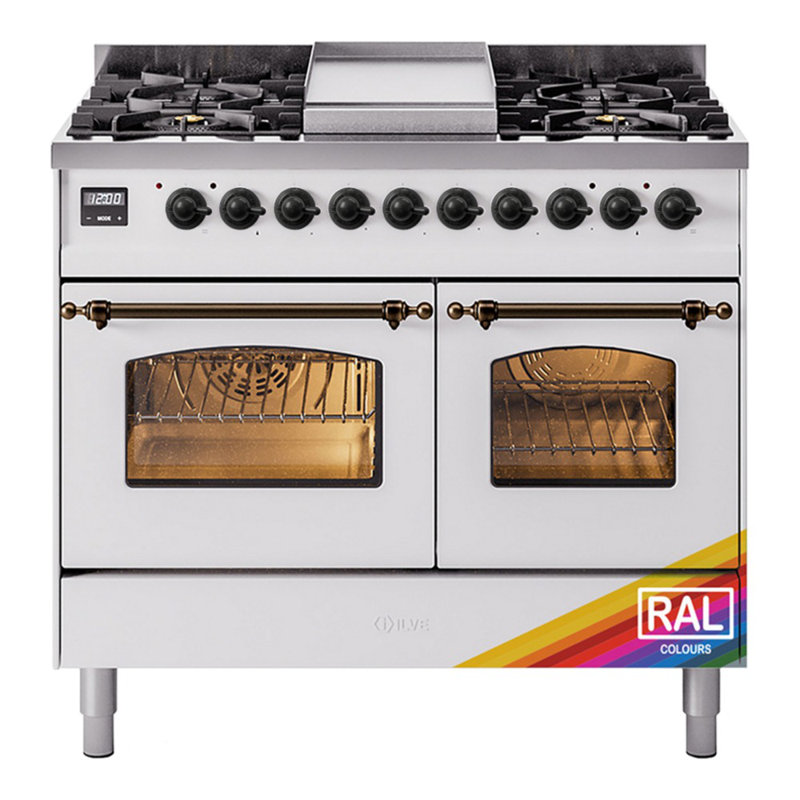 ILVE Nostalgie II Series 40 inch Dual Fuel Range with 6 Sealed Burners, Griddle (Glass Door), Liquid Propane, RAL/Bronze