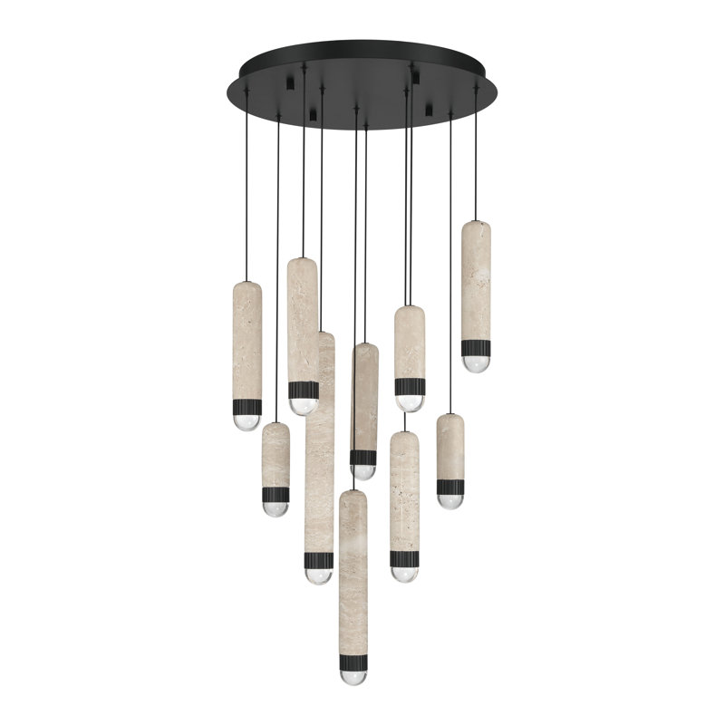 Lustre, 10 lumières, 22 po, noir mat, travertin, Noir mat