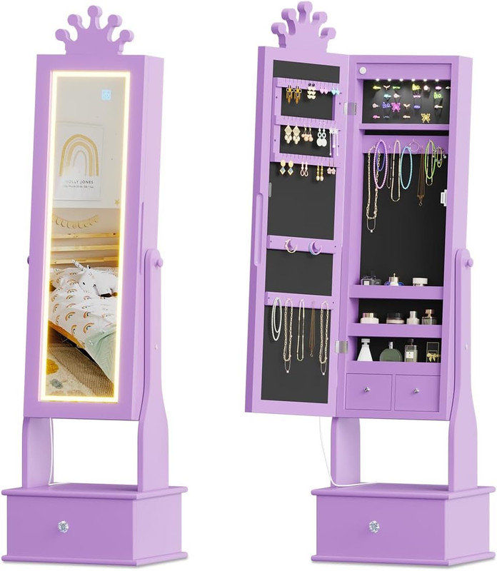 Kids Jewelry Armoire with LED Light, Freestanding Jewelry Organizer with Mirror & Drawers, Purple