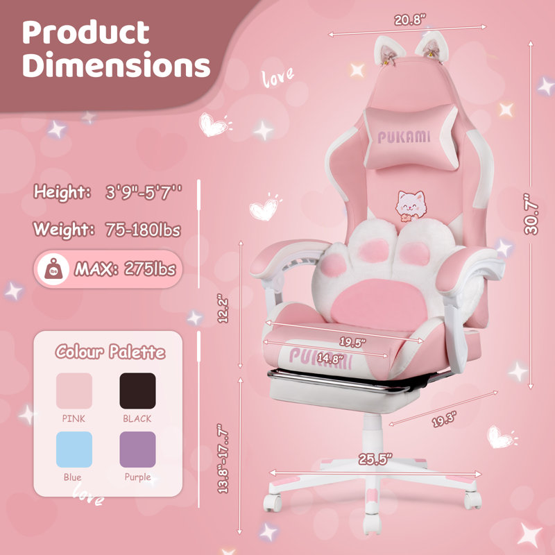 Ivy Bronx Gaming Chair With Cat Ears And Cat Paw Cushion Pillow,cute Computer Chair For Girl With Footrest, Pink