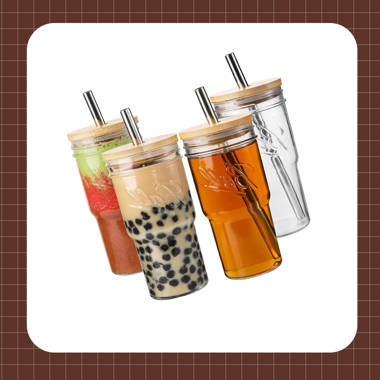 Ins Vertical Stripes Glass Cups with Lids and Straws Clear Glass Water  Bottle Straw Cup Drinking Glasses Tumbler Travel Bottle