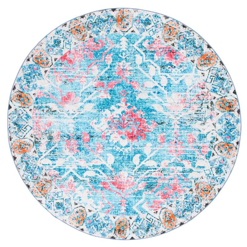 Dall Floral Light Blue/Pink Area Rug, Round 6'7"