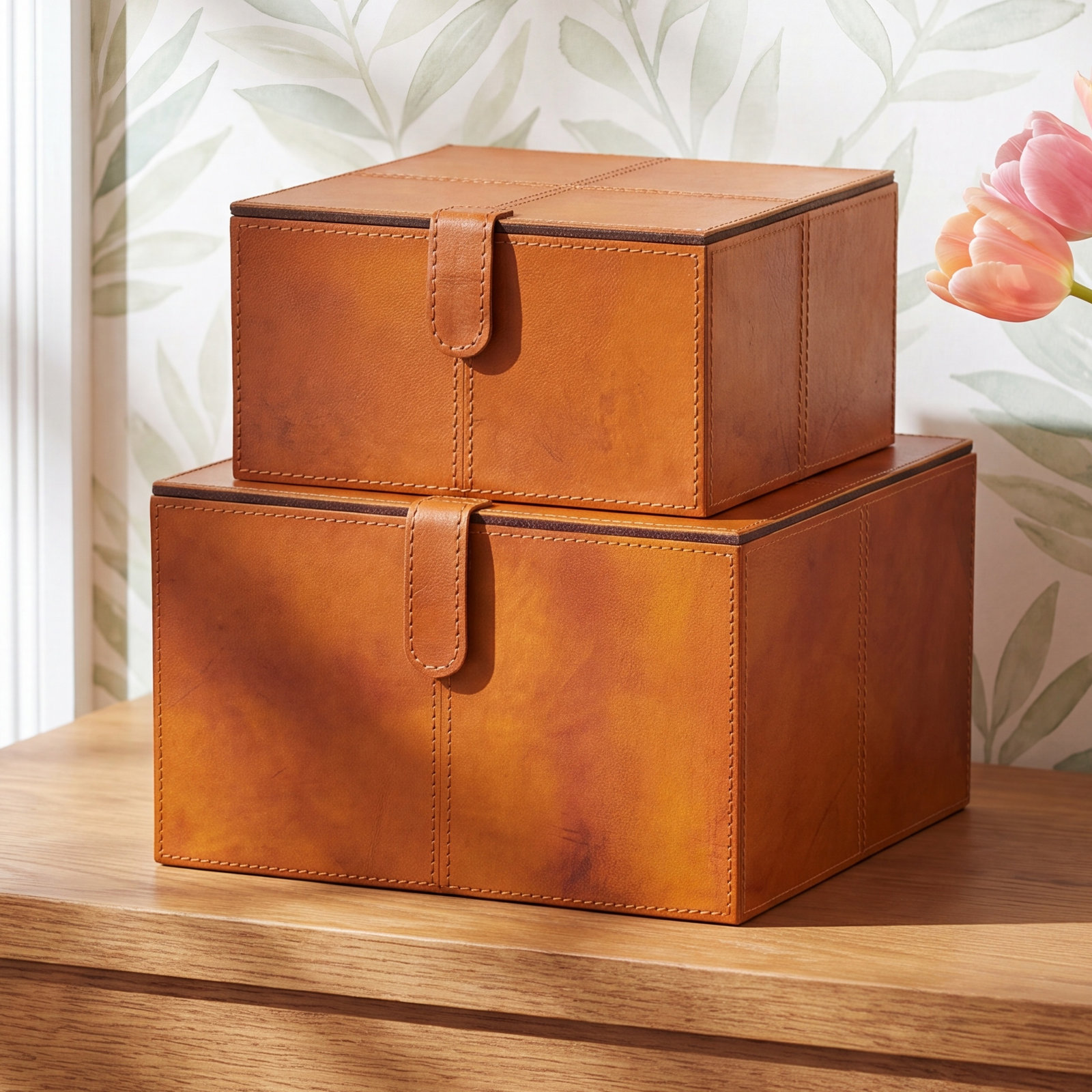 Brownsburg Faux Leather Box Set, 6.05" H x 10.15" W x 9.9" L, Cognac Brown