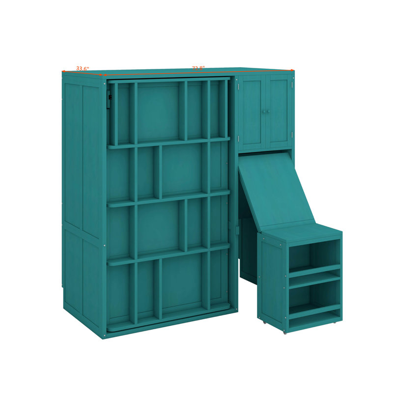 Lit escamotable mural simple avec bibliothèque, armoire supérieure, bureau extensible et rangement latéral, Sarcelle