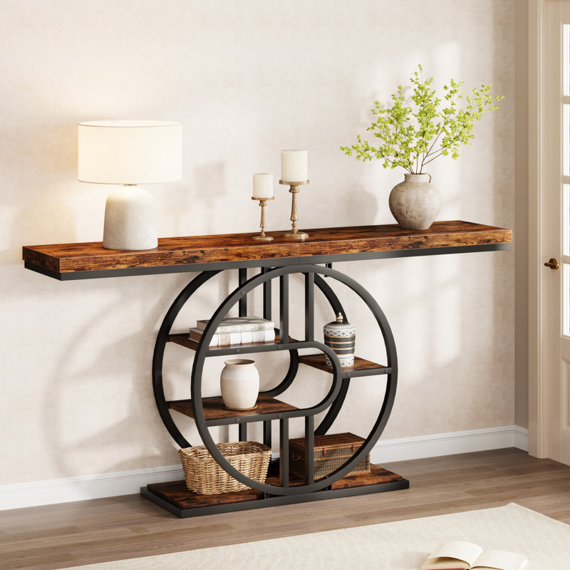 Industrial 55" Console Table | 5-Tier Entryway Sofa Table with Circle Storage Shelves & O-Shaped Metal Frame, Natural Wood