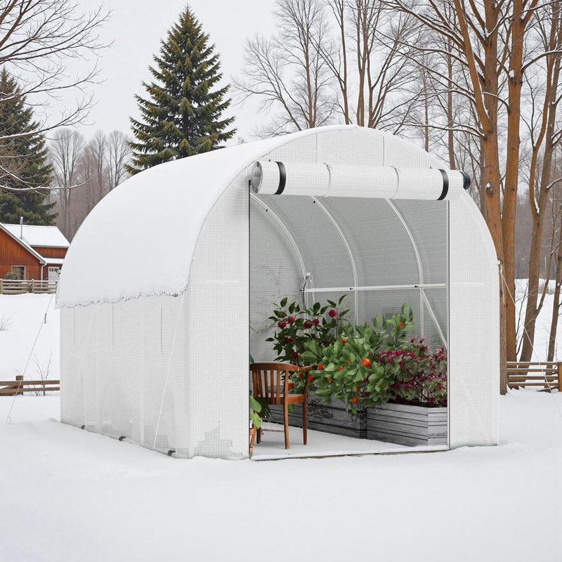 10×6.6×6.4 FT Walk-In Greenhouse, Portable Heavy Duty Green House For Outdoors, Winter Hot House With PE Cover & Roll-Up Zipper Door, Plastic Plant Warm House (White)