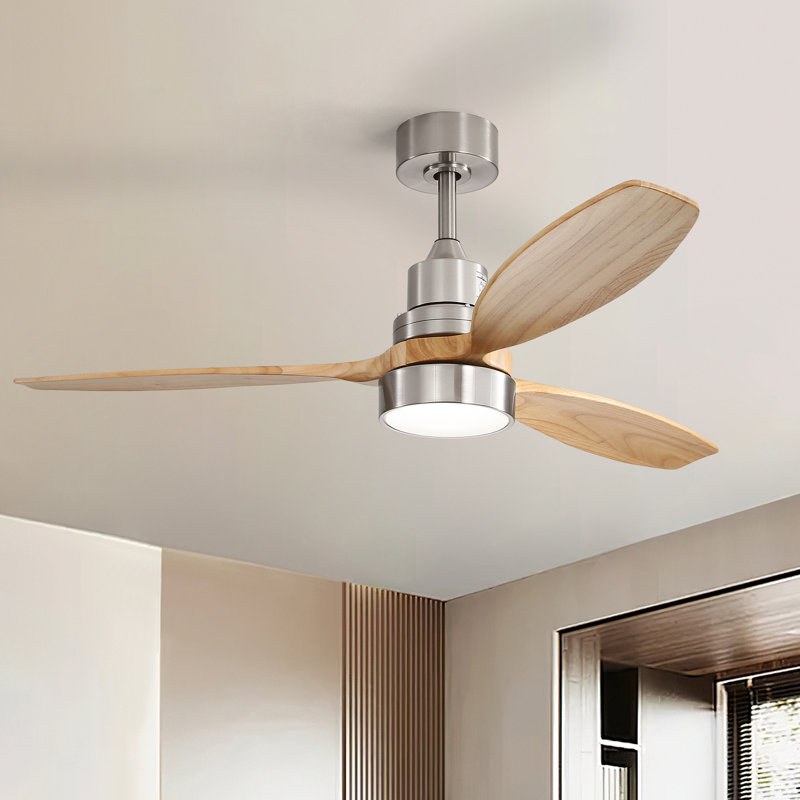 Kemp 52" 3-Solid Wood Blade Propeller Modern Ceiling Fan With LED Lights, Remote, Nickel with Solid Blades