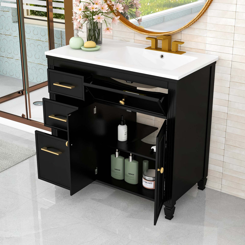 Meuble-lavabo avec lavabo en céramique, 3 tiroirs latéraux et tablette réglable, Noir
