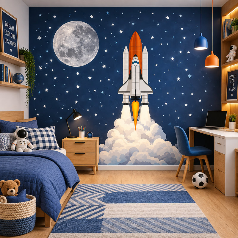 Décalcomanie murale fusée, lune et étoiles, 50 H x 46 W