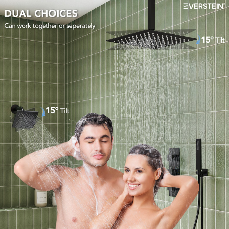 Ceiling-Mounted Thermostatic Dual Showerheads System, 12" High-Pressure Rainfall Shower Faucet with Handheld Spray