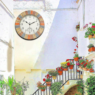 Horloge intérieure 13 pouces imperméable avec thermomètre, horloge décorative à piles résistante aux intempéries pour patio, piscine, véranda, clôture, véranda