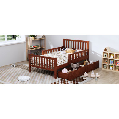 Lit simple, noyer, lit plateforme en bois, garde-corps, tiroirs de rangement, tête de lit droite, bois de pin massif, 8 supports uniformément espacés, tête de lit à solution d'optimisation d'espace, option