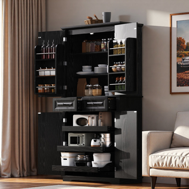 Grand garde-manger avec 3 armoires coulissantes, 6 portes et 2 tiroirs, Black