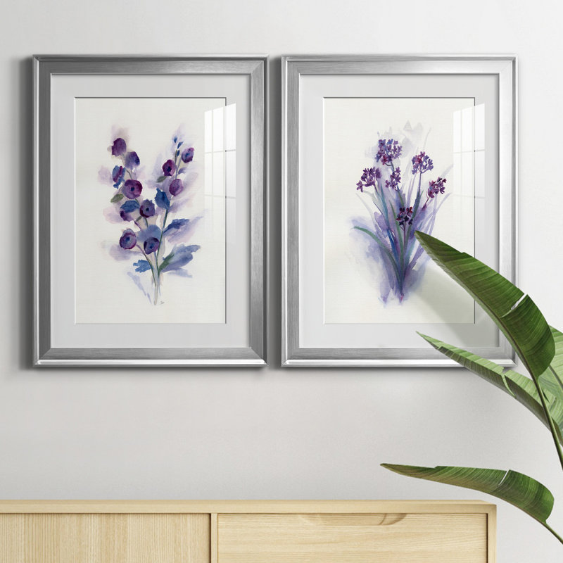 «Pretty in Purple I», ensemble de 2 reproductions d'art, H 18,5 po x l 49 po x P 1,5 po, Papier avec cadre argenté, Blanc