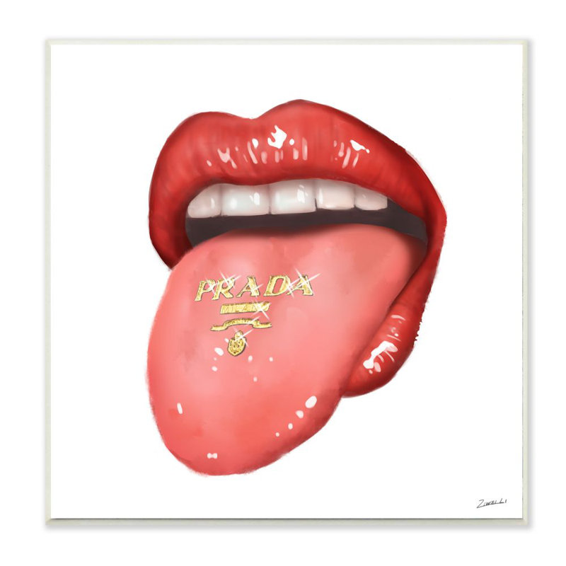 «Fashion Red Lips with Tongue Out» par Ziwei Li - impression, Plaque murale, H 12 po x l 12 po x P 0,5 po