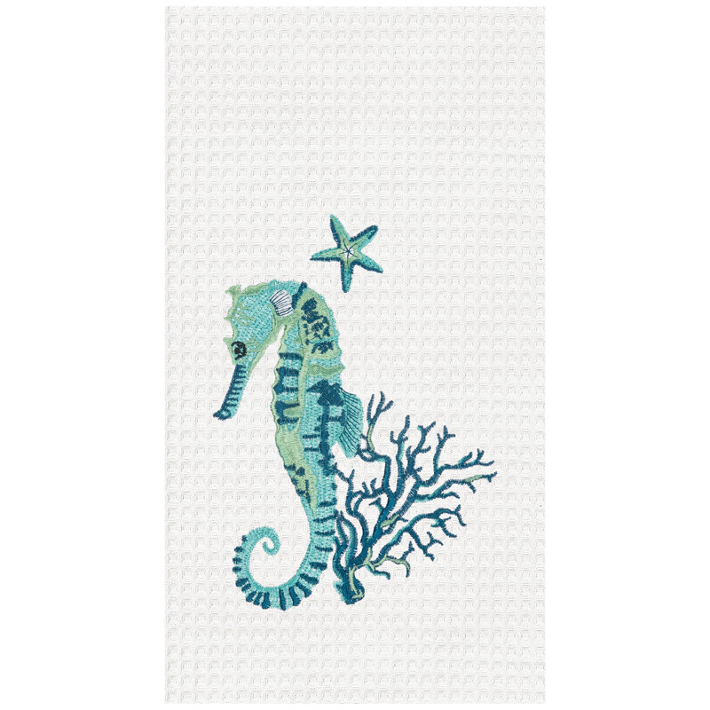 Torchon brodé hippocampe 100% coton Seahorse & Coral