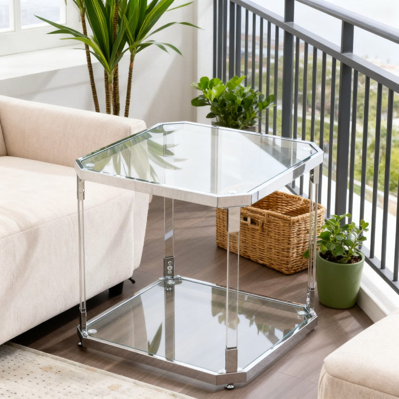 Table de bout en acrylique moderne avec plateau en verre trempé, table de chevet incassable pour le salon et la chambre à coucher, table d'appoint avec rangement à plusieurs niveaux