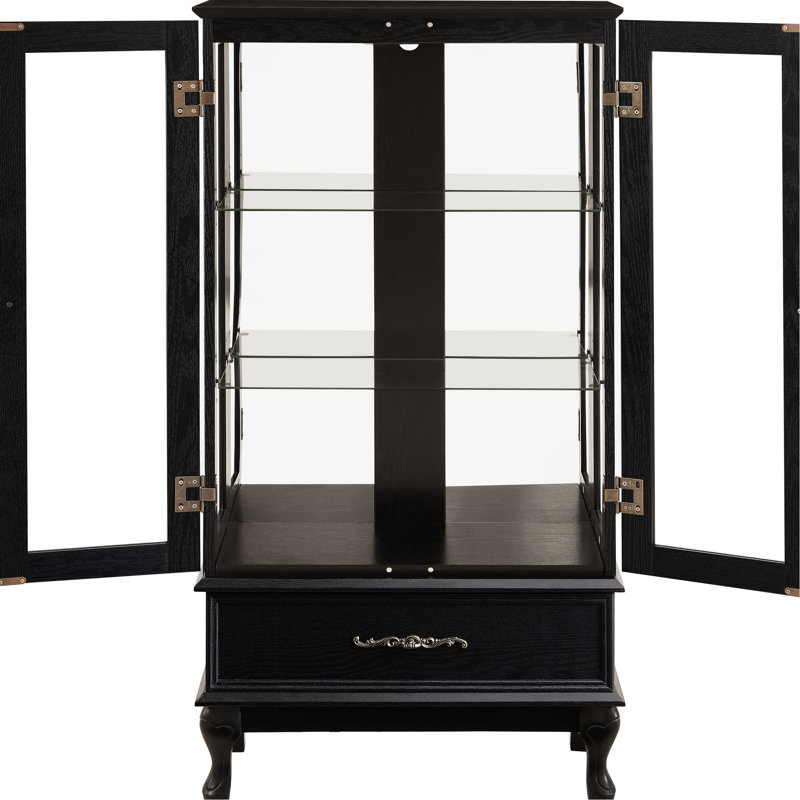 Vitrine avec portes en verre éclairées, tablettes réglables, lumières DEL, tiroir caché et poignées en métal rétro