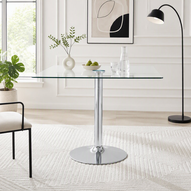 Table de salle à manger 38,5 "carrée en verre avec base à colonne unique, Argent / transparent
