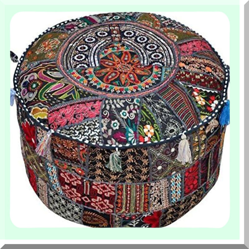 Ethnic Comfort Cotton Pouf - Black Patchwork Cover Ottoman Cushion with Embroidered Designs for Decorative Floor Seating