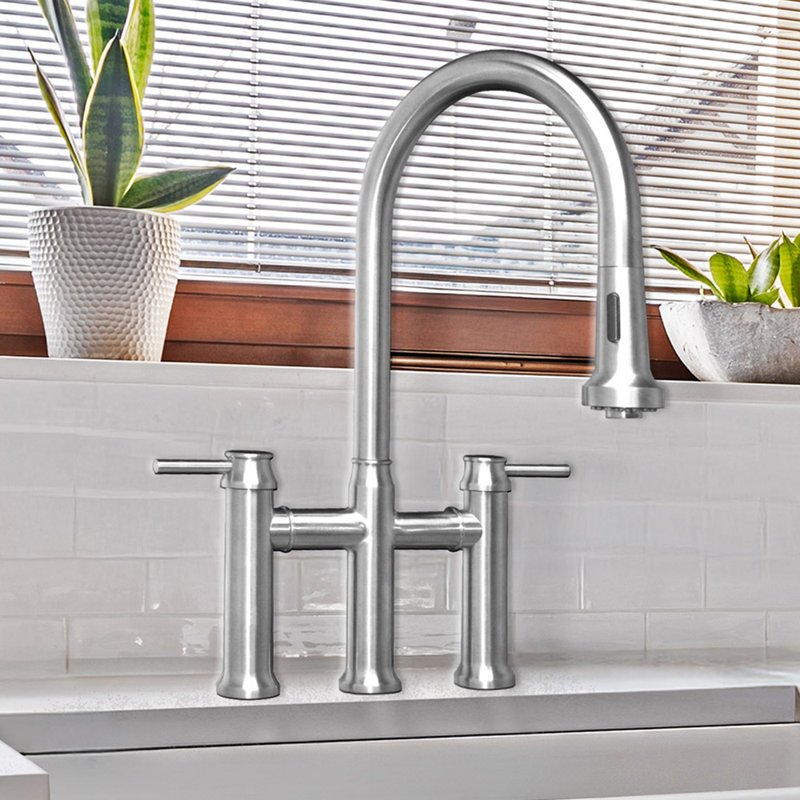 Whitehaus Collection Solid Stainless Steel Dual Lever Gooseneck Bridge Kitchen Faucet with Pull-down Spray Head
