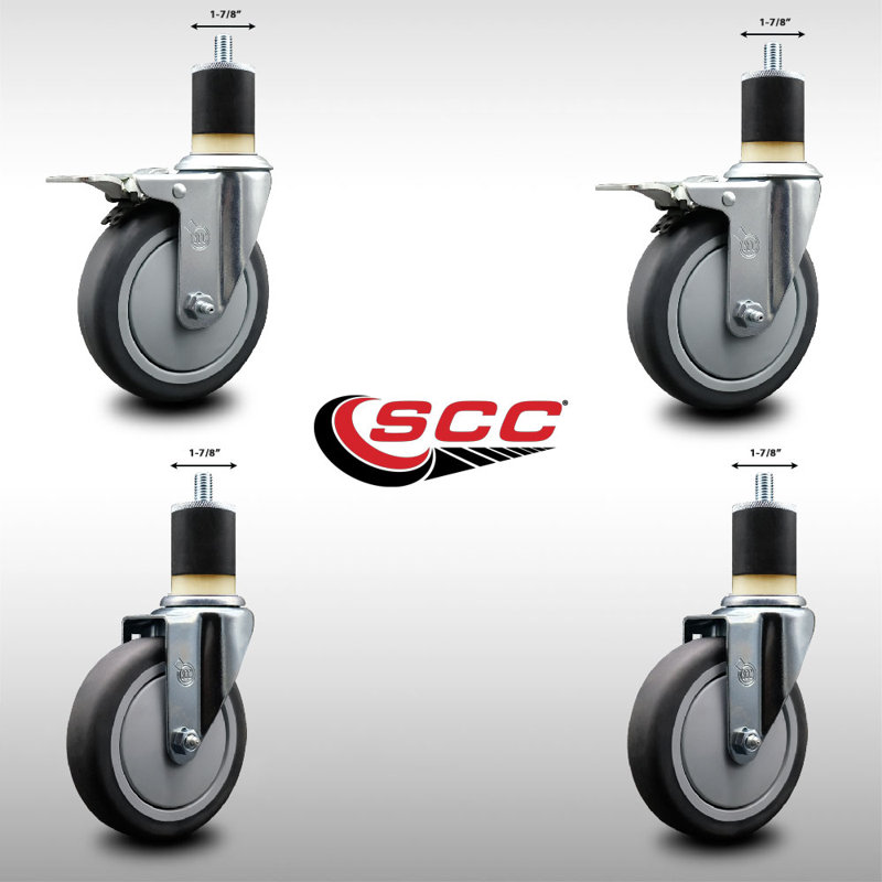5 Inch SS Thermoplastic Rubber Swivel 1-7/8 Inch Expanding Stem Caster Set 2 Total Lock Brakes