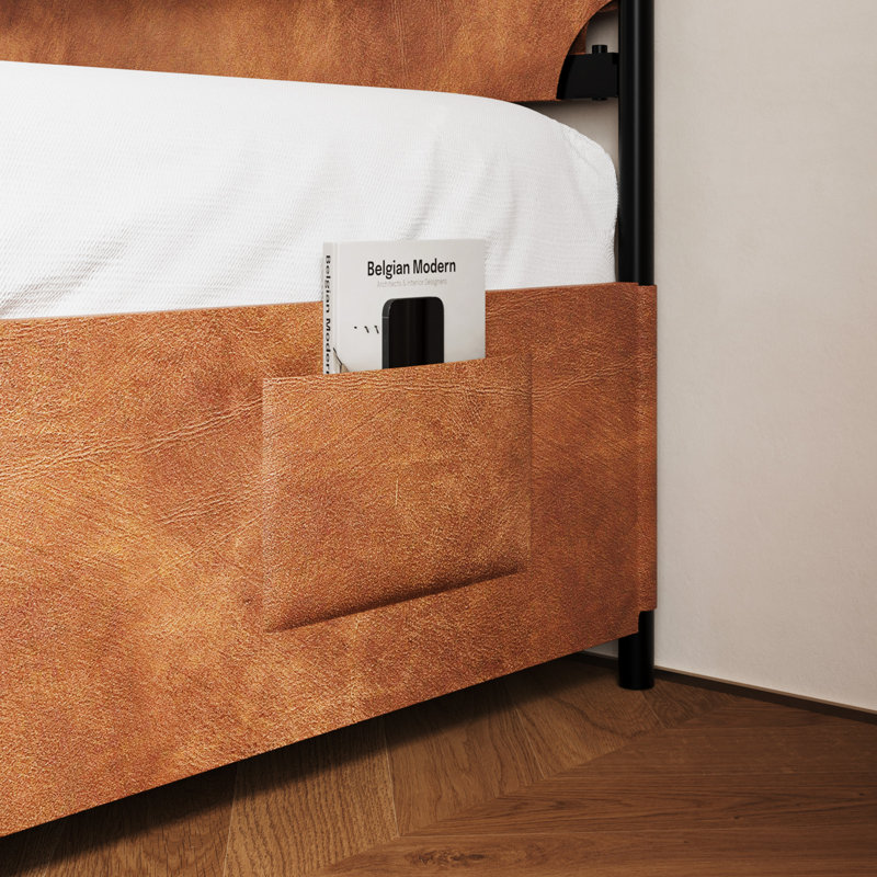 King Canopy Bed Frame with Upholstered Headboard，No Box Spring Needed，Easy to Assemble, Metal Bar Support, King, Brown