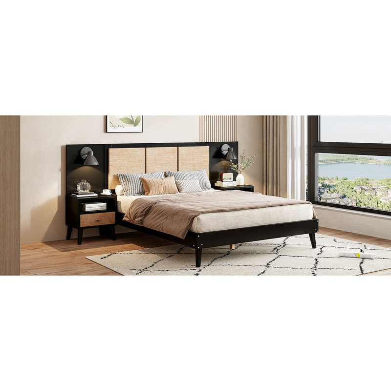 Cadre de lit noir en bois massif avec 2 tables de chevet et lampes utiles, mélange pour une chambre à coucher calme. Construction stable, tendance