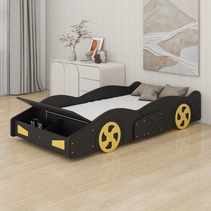 Race Car-Shaped Platform Bed With Wheels And Storage, Black/Yellow, Twin