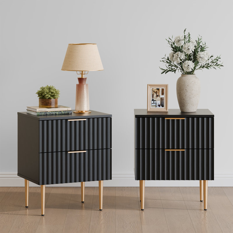 White and Gold Fluted 2-Drawer Nightstand Set