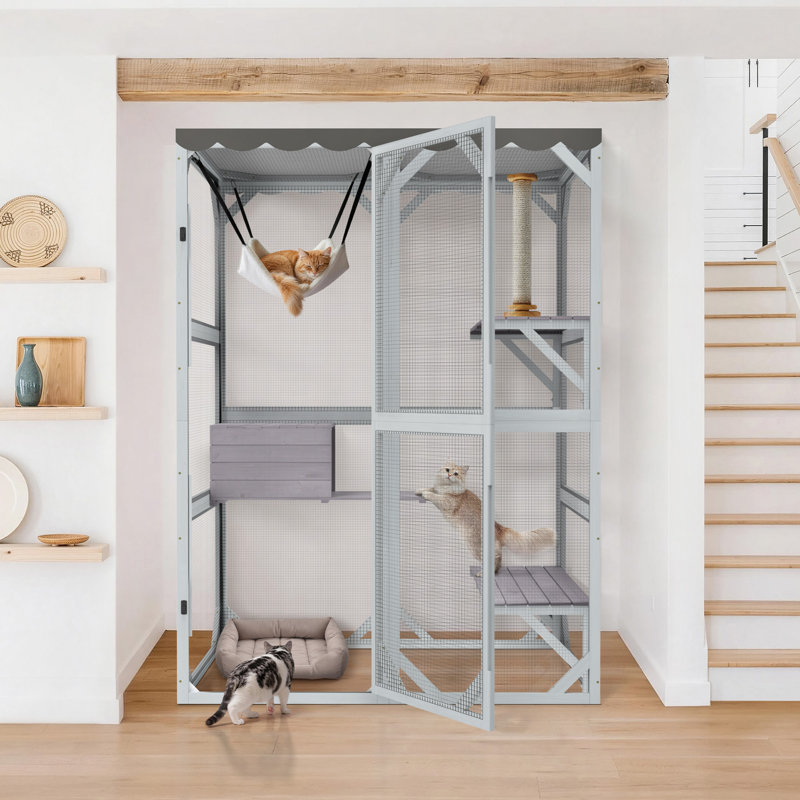 Grand enclos extérieur en bois pour chat Catio, Gris