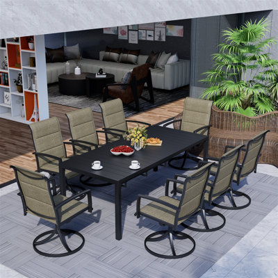  Ensemble repas 9 pièces pour l'extérieur, 8 chaises pivotantes rembourrées en textilène gris, table de salle à manger extensible escamotable de 78,7 po, résistant aux intempéries pour patio et terrasse