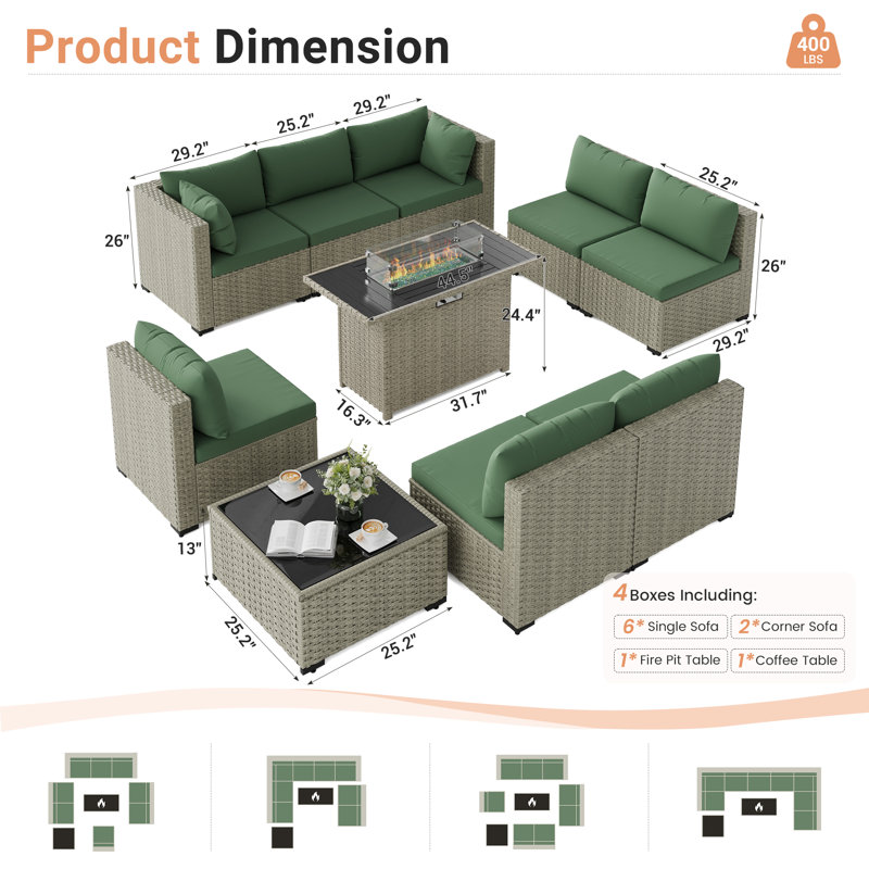 Ensemble de conversation 9 pièces pour patio en rotin avec foyer, Vert