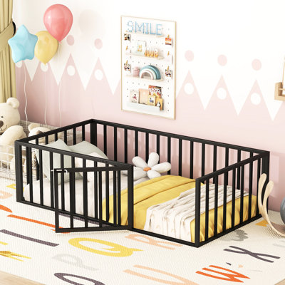 Black Metal Floor Bed For Twin - With Fence And Door Construction Size Frame With