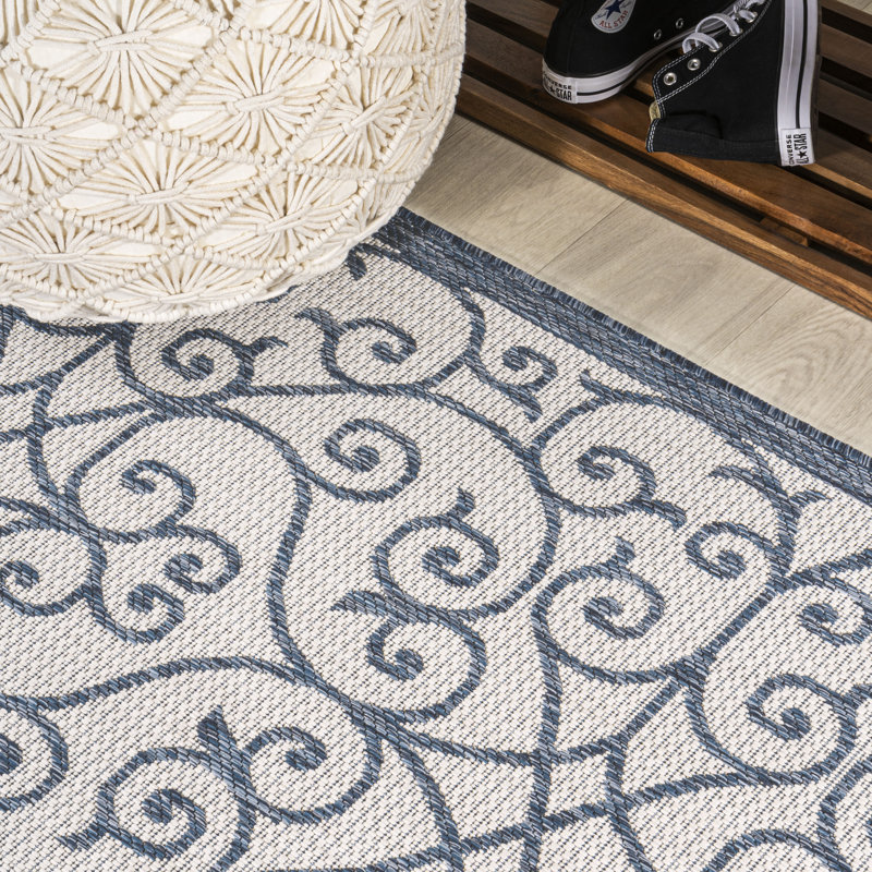 Deronte Vintage Filigree Textured Weave Blue/Cream Indoor/Outdoor Rug, Runner 2'2" x 8'